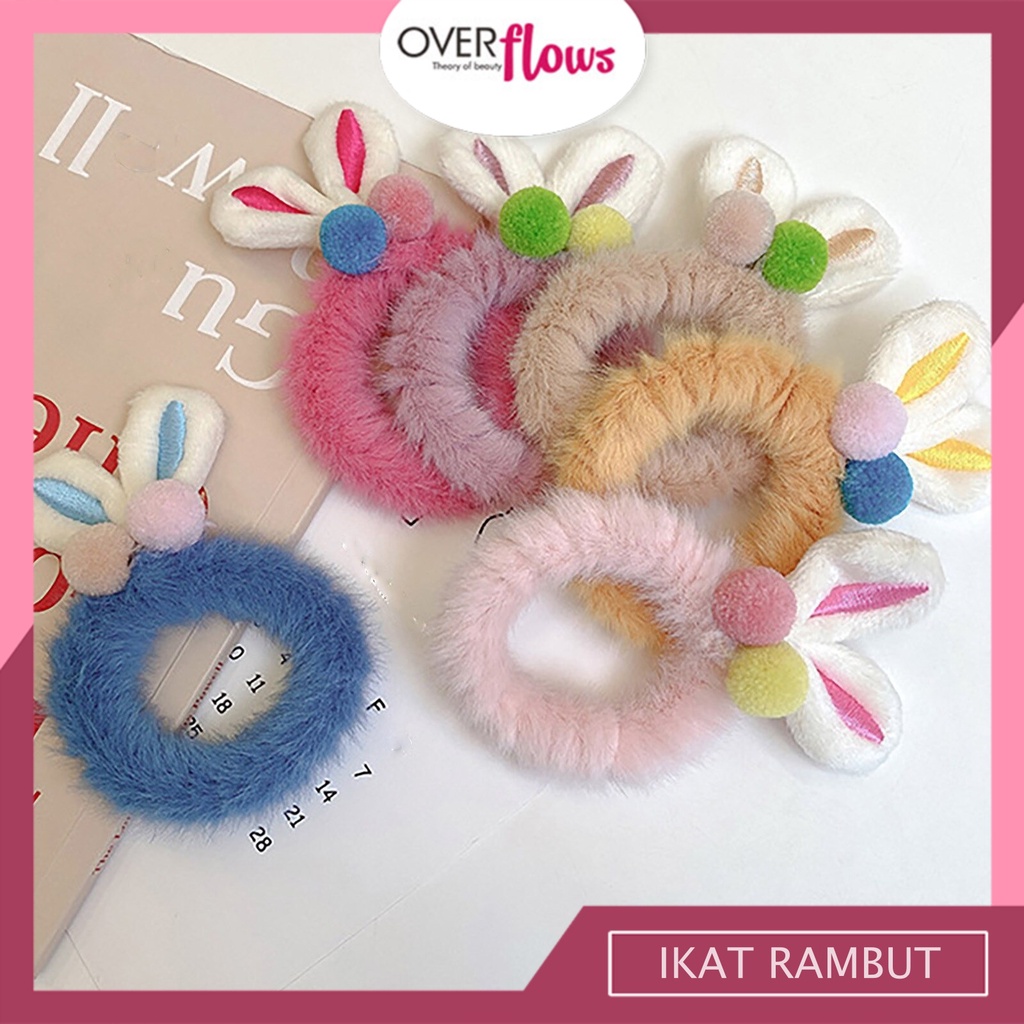 OVERFLOWS.ID Ikat Rambut Scrunchie Bulu Boneka Kelinci Wortel Karet Cepol Wanita Rasfur Ala Korea