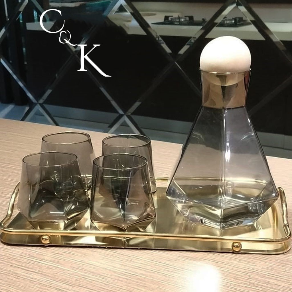 Set Gelas Air Minum Kaca Grey Dengan Nampan Gold With Tray Import Dan Pitcher