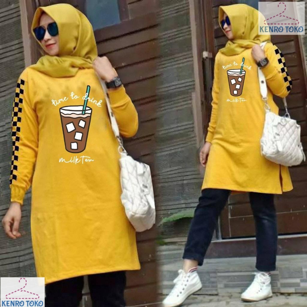 Baju Tunik Wanita Jumbo Atasan Big Size Time to Drink Blouse Midi Dress mididress