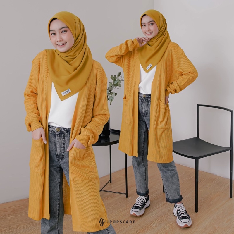 LUMA LONG CARDI | cardigan rajut panjang, soft knit cardigan-MUSTARD
