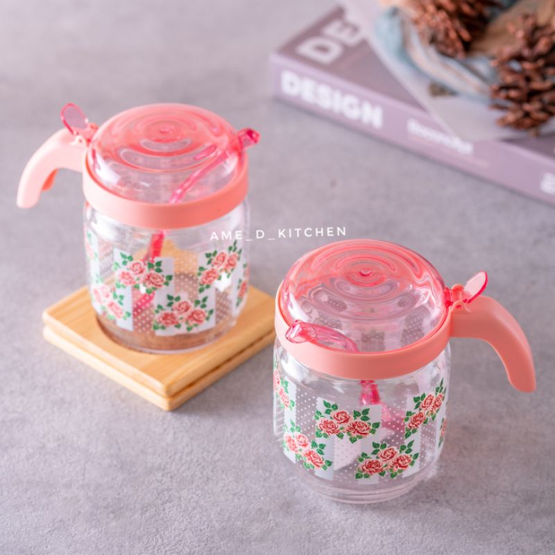 Tempat bumbu kaca shabby pink + sendok plastik