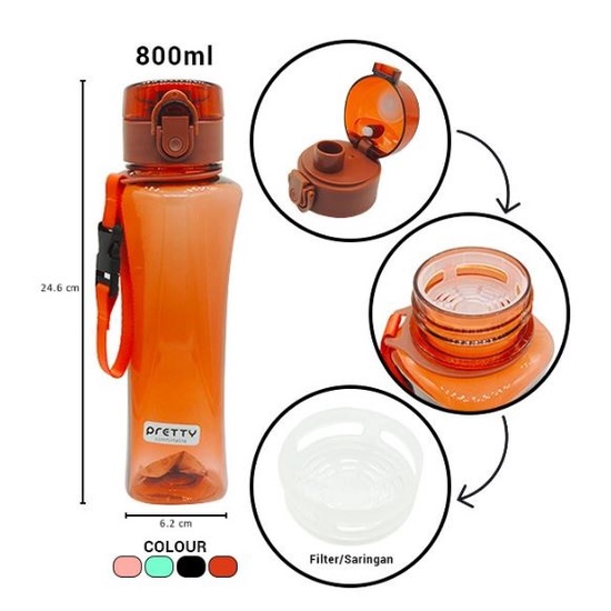 H9197 Botol Air Minum Plastik Clip On Polos 800ml - Botol Air Minum H-9197