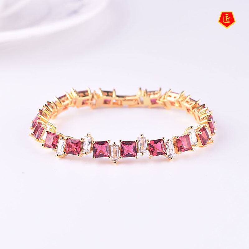 [Ready Stock]New Inlaid Colored Gem Square Diamond Bracelet 18K Gold