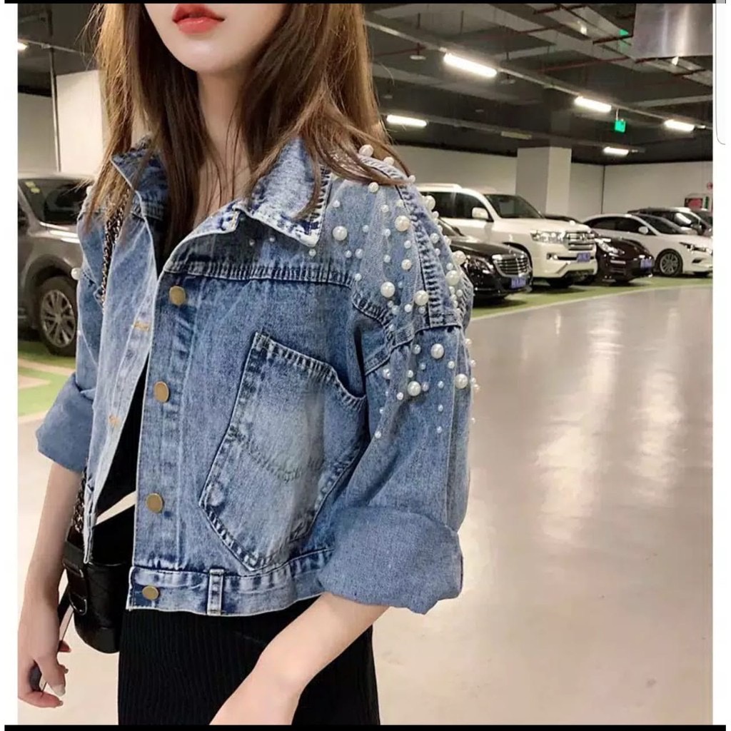 912 JAKET JEANS CROP KOMBINASI MUTIARA TEMBAK OVERSIZED CROP