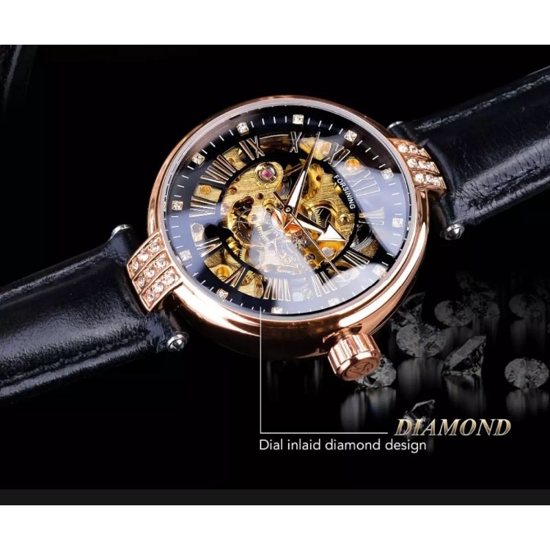 Jam Tangan Wanita Automatic Original Luxury Golden Diamond Series Forsining Strap Kulit