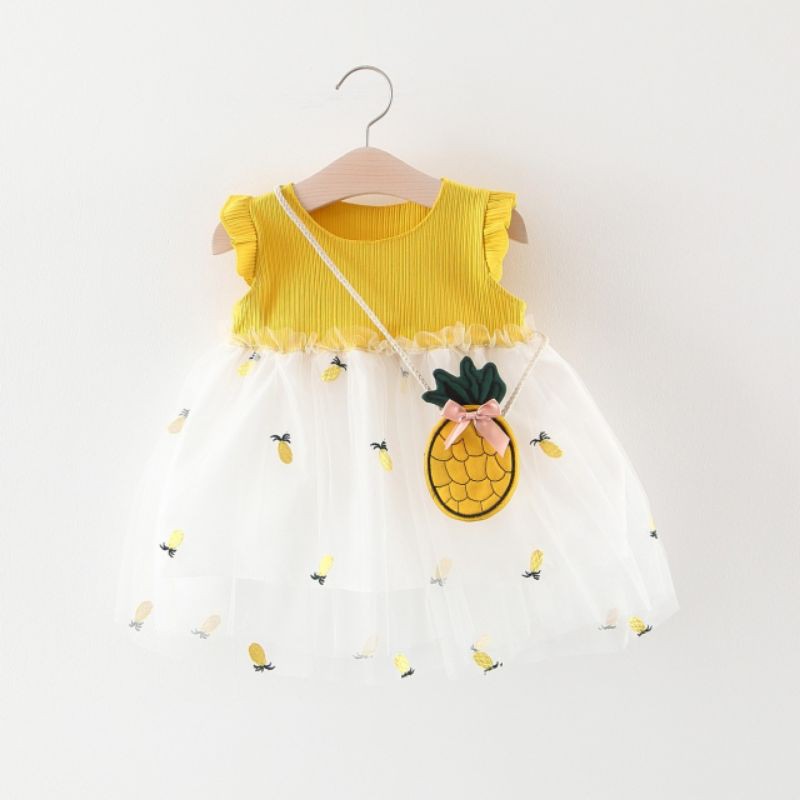 (6bln-4tahun) dress anak motif nanas kuning baju gaun pesta anak perempuan lucu premium import adem