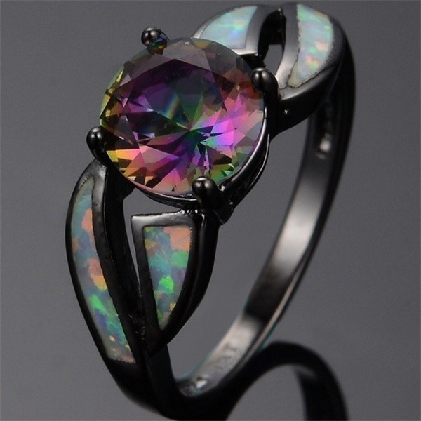 SeuSuk 10KT Black Gold Filled Topaz Stone Trendy White Fire Opal Ring For Women