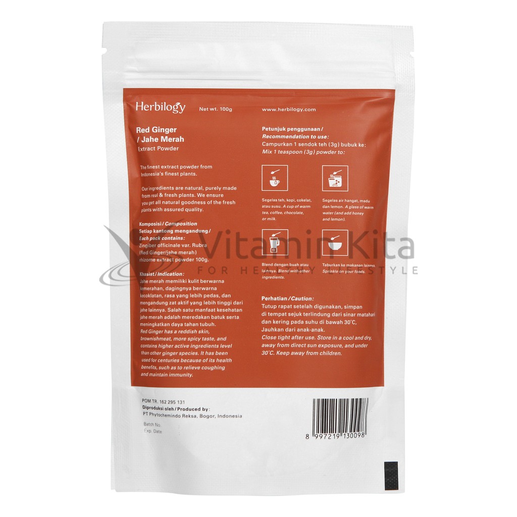 HERBILOGY RED GINGER EXTRACT POWDER 100GR BPOM UNTUK KEKEBALAN TUBUH