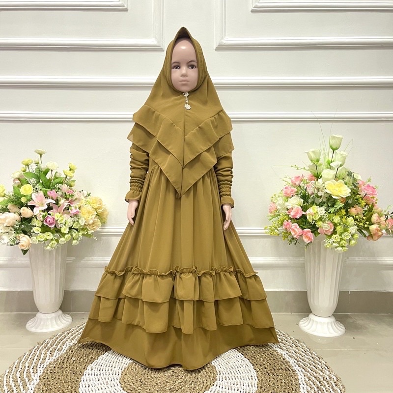 Gamis Anak perempuan Set Hijab Bahan Ceruty Babydoll polos