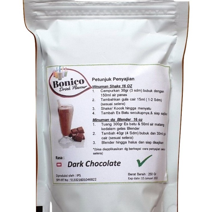 

BONICO DARK CHOCOLATE 250gr Bubuk Minuman kekinian Ice Blend Milk Shake drink powder COKLAT HITAM