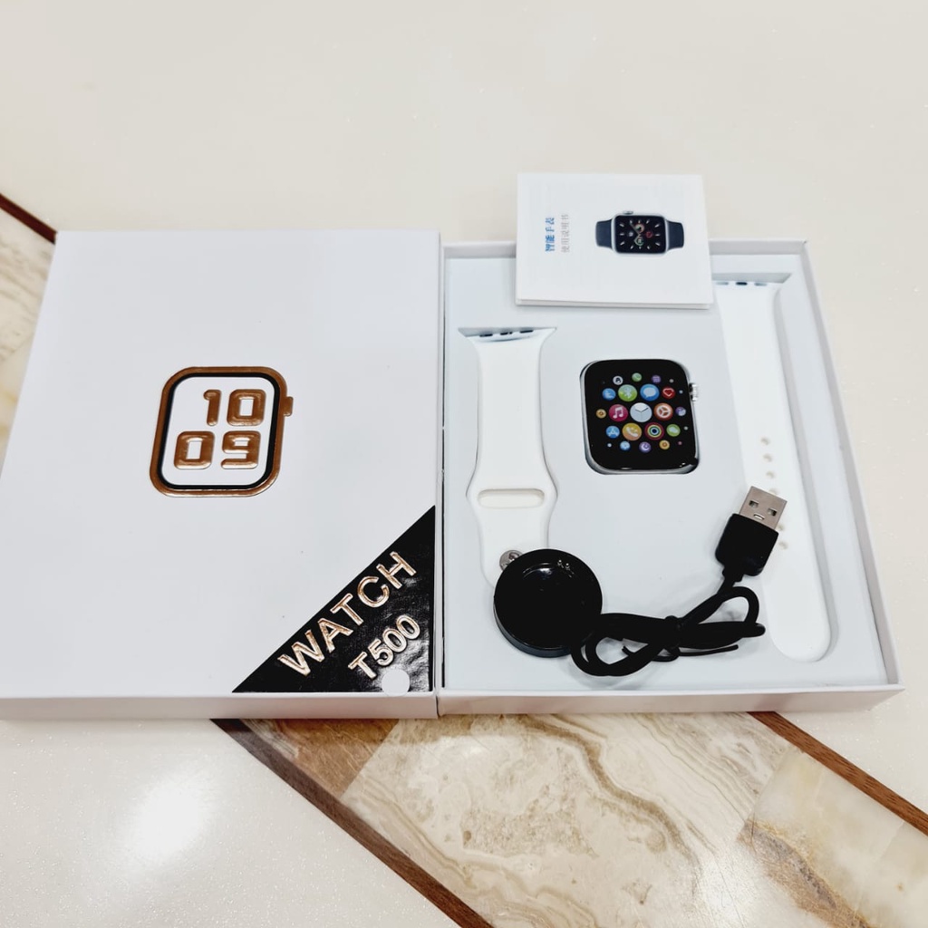 100%ORI COD JAM TANGAN Smartwatch T55 T500 DAPAT 2 TALI bisa telepon Bluetooth ganti wallpaper foto sendiri Notifikasi Sosmed Pemutar Musik Monitor Detak Jantung Tekanan Darah Wanita Pria Cewek Cowok-T500 Putih 1TALI