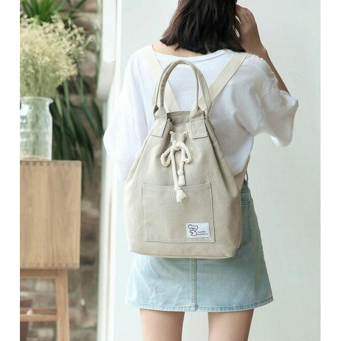 Backpack Tas Ransel Serut Kanvas Wanita 2 Way - Tote Bag Canvas Import - Biru Muda