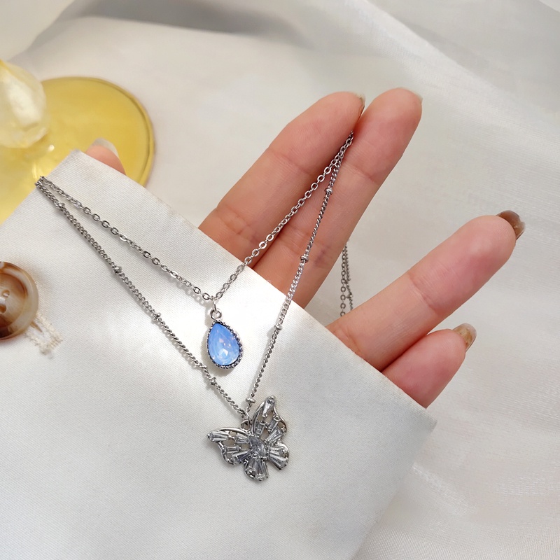 Butterfly Kalung Multilayer Liontin Kupu-Kupu Berlian Biru Gaya Korea Untuk Aksesoris