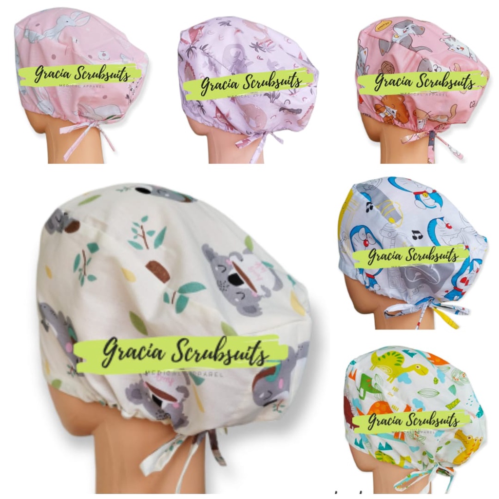 READY STOCK - GRACIA SCRUBSUITS head cap medis/ headcap medis / surgical cap / topi bedah motif lucu MURAH animal series