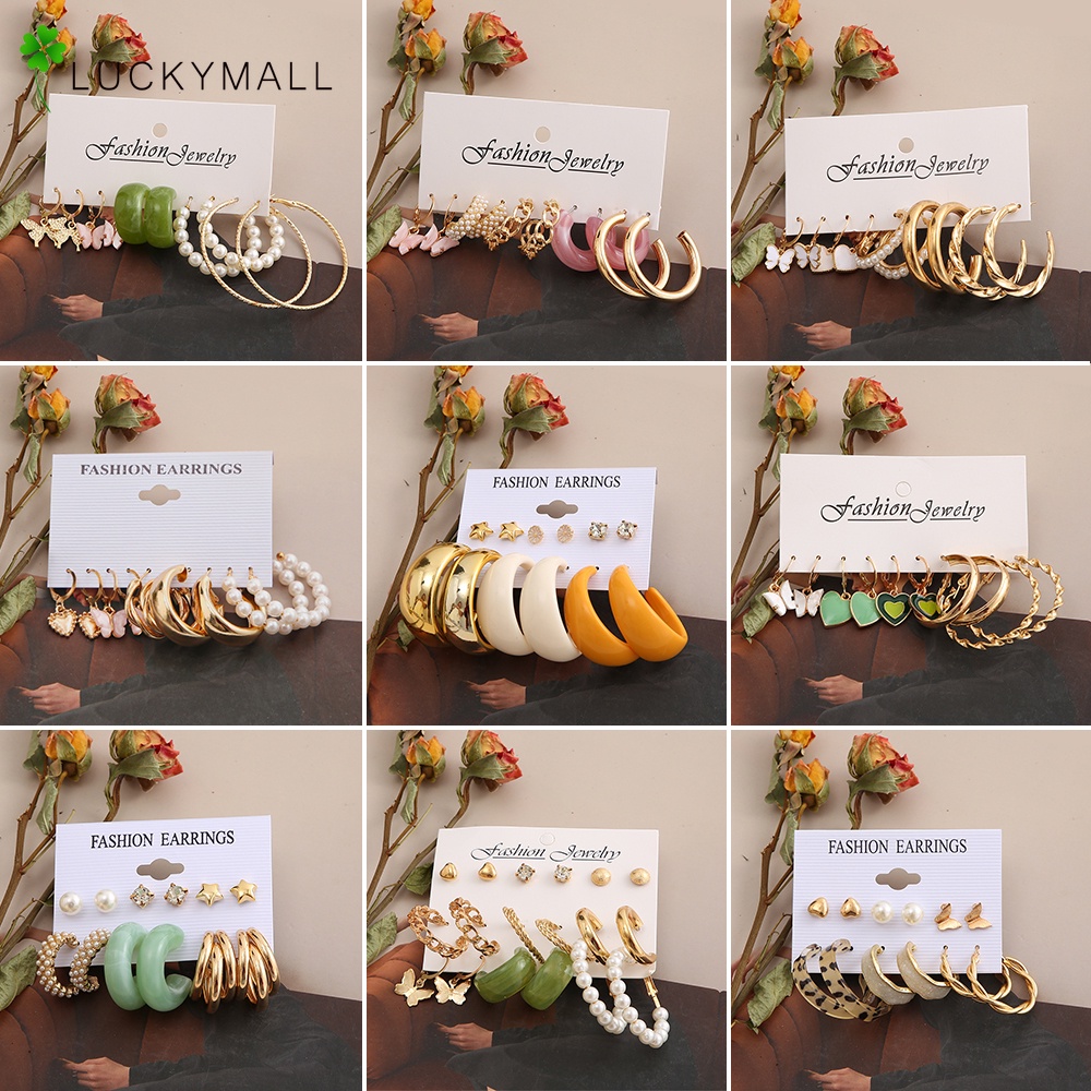 5pcs / Set Anting Tusuk Bahan Alloy Hias Mutiara + Berlian Untuk Wanita