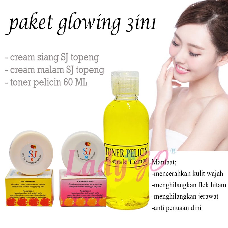 Paket Cream SJ Topeng Siang Dan Malam Plus Toner Pelicin Wajah Ekstrak Lemon 60ml Original