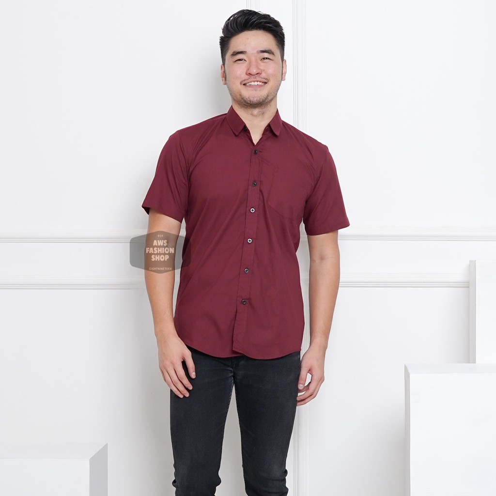 Kemeja Pria Lengan Pendek Merah Maroon Red Maroon Kemeja Cowok Keren Casual Slimfit 3245