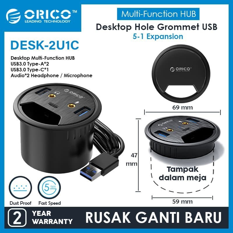 Desk Grommet Hole USB3.0 HUB Audio USB-C - ORICO DESK-2U1C