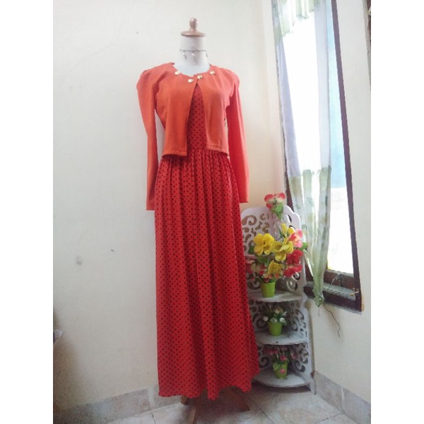 Dress maxy maxi gamis pakaian muslim wanita inner outer orens orange scuba kaos polkadot preloved
