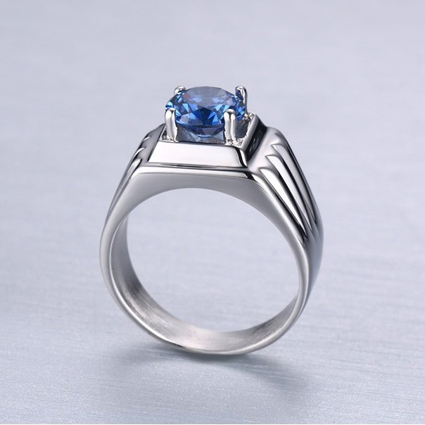 Cincin Kawin / Tunangan / Cincin Single Pria Cowok Titanium 316L Blue Zircon AAA CP001