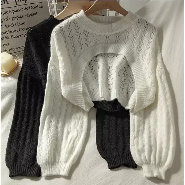 Fashion Sederhana Rajutan Padat Lengan Panjang Hollow Short Pullover Wanita Sweater Rajut Jatuh Crop