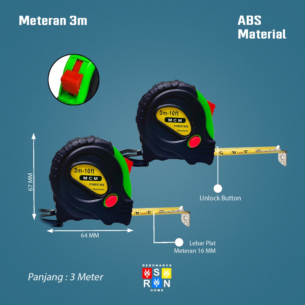 Meteran 3M Tukang Bangunan Roll 3 Meter Resonance Home