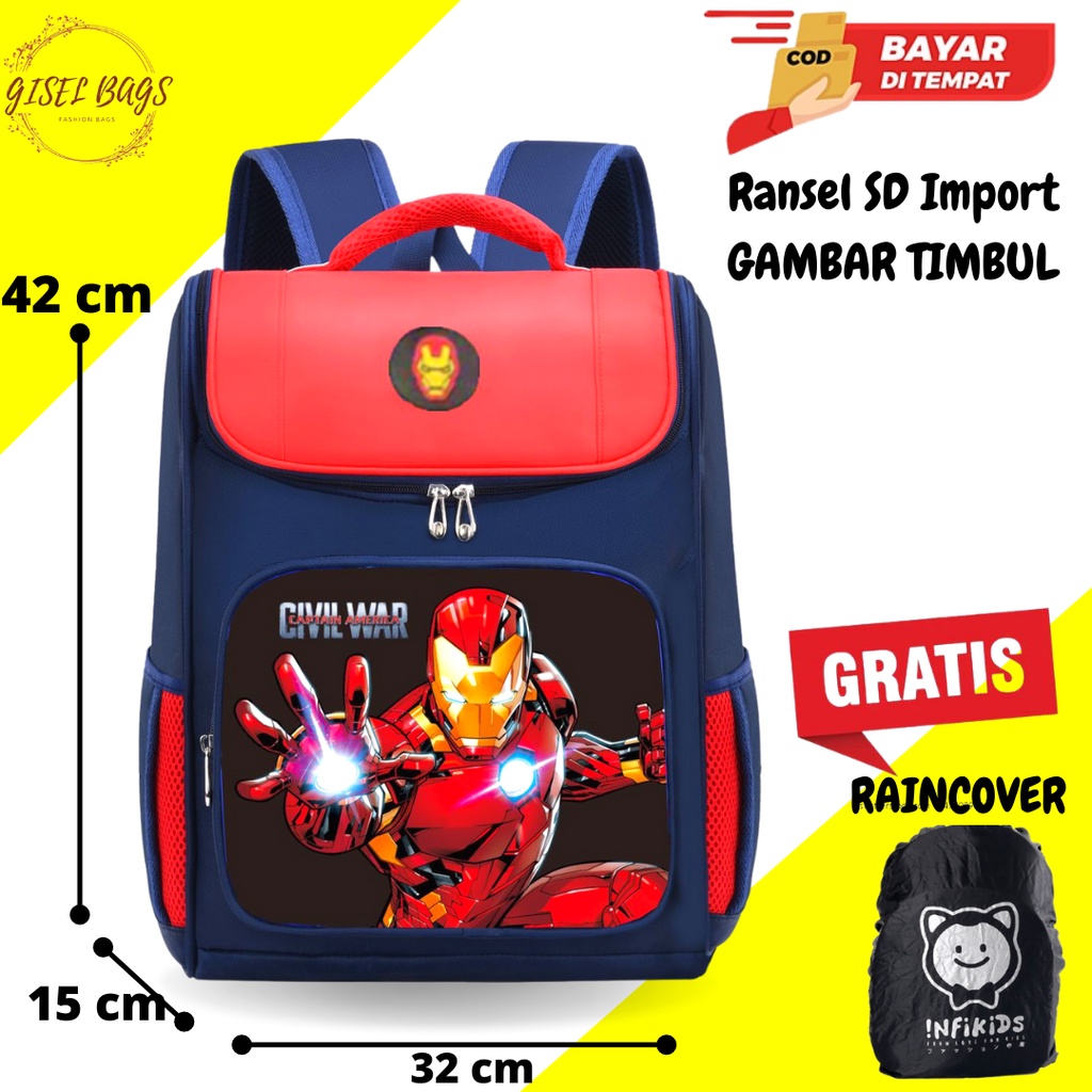 GB Tas sekolah anak laki laki sd gambar Timbul ransel anak import bahan nilon tebal