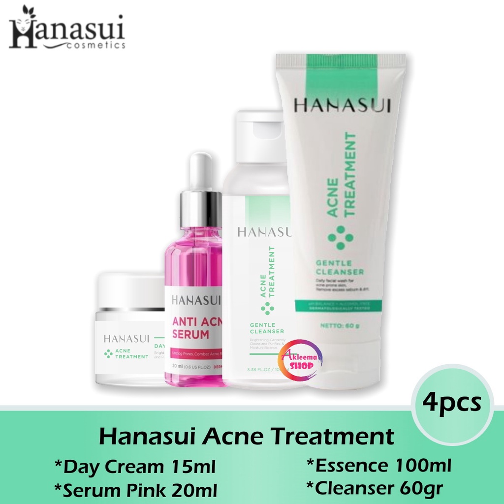 Hanasui Paket Acne Treatment Perawatan Siang Hari 4pcs(Day Cream 15ml+Serum Pink 20ml+Essence 100ml+Cleanser 60gr)