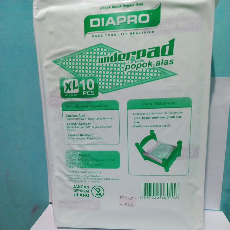 Underpad diapro 60cmx90cm 10pcs / underpad dewasa / perlak dewasa / Perlak / Underpad