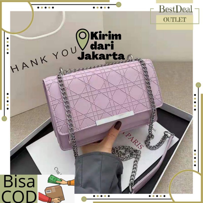 8099 Tas Wania Cewek Lilac Tali Rantai Selempang Sling Bag Import Korea Batam Wanita Cewek Lilac