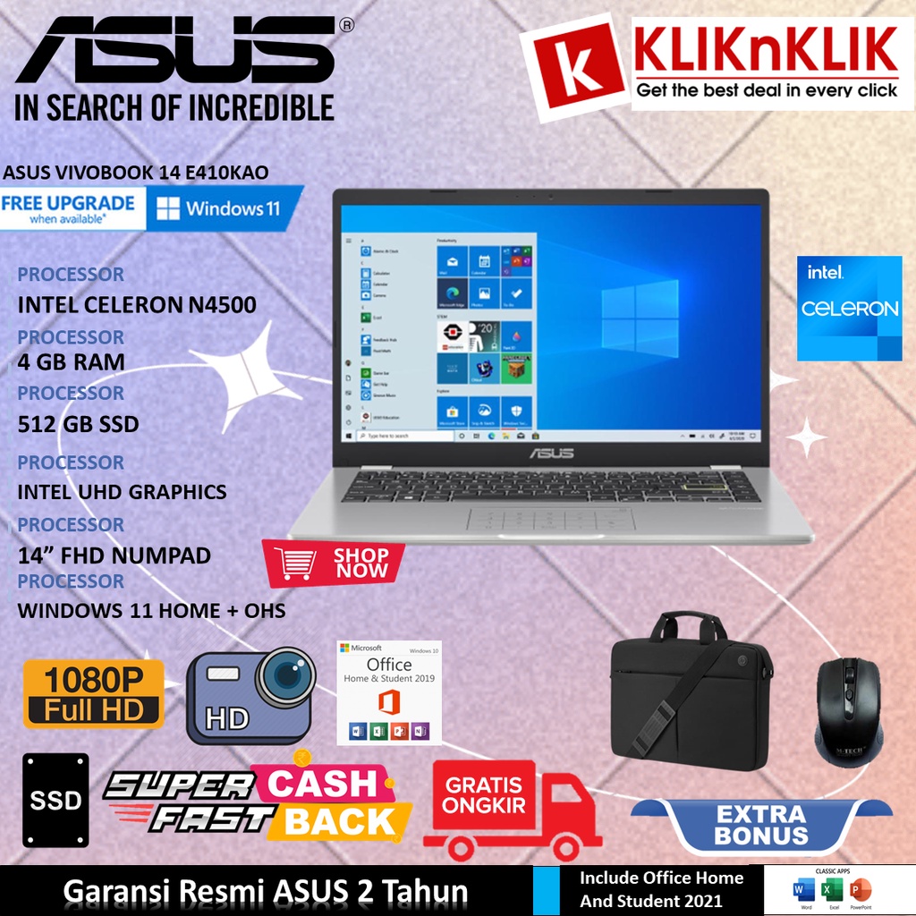 Laptop Asus Vivobook E410KAO Intel Celeron N4500 RAM 4GB 512GB SSD FHD IPS Windows 11 + OHS 2021 Garansi Resmi ASUS 2 Tahun