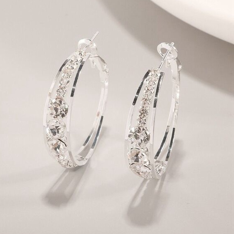 Anting Hoop Bentuk Bulat Geometris Bahan Cubic Zirconia Berlian Imitasi Warna Silver Untuk Wanita