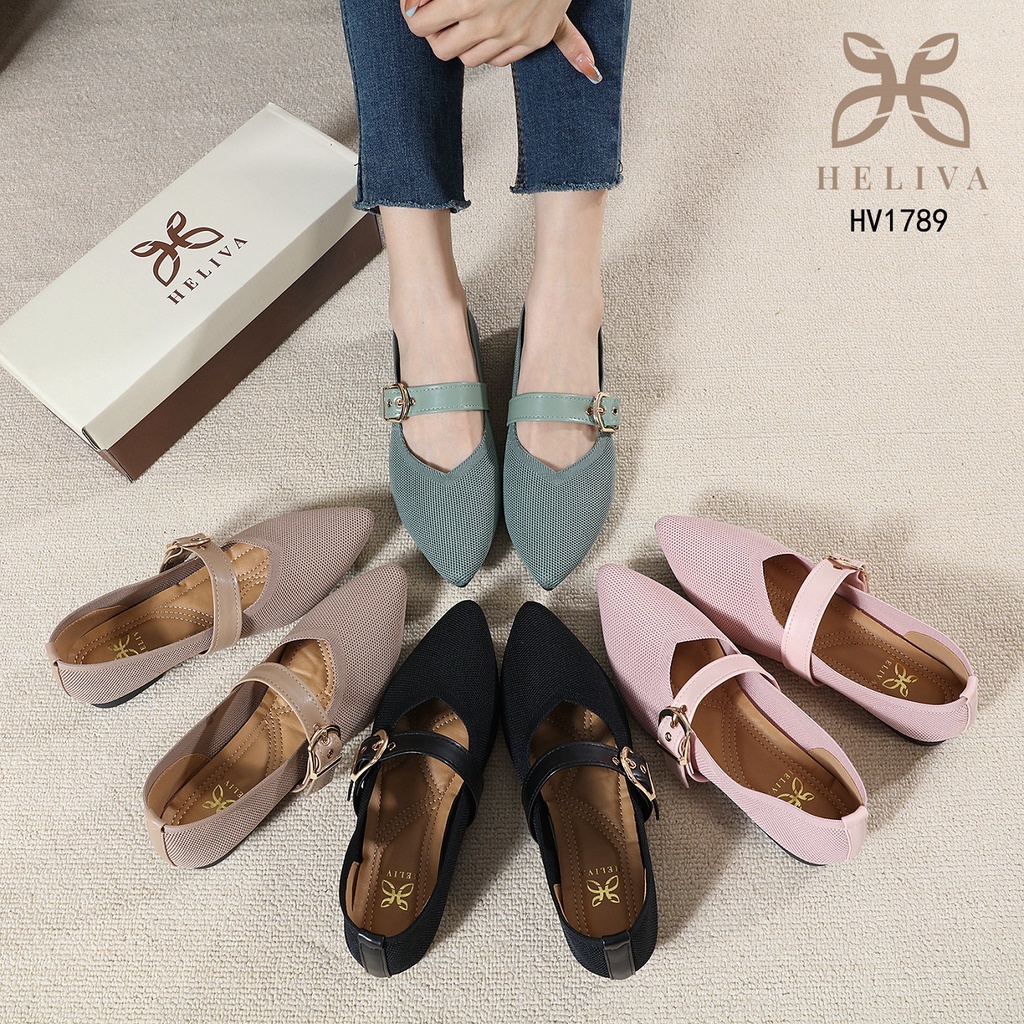 HELIVA VENUS Flat Shoes Sepatu Lancip Gesper Slip On Bahan Kanvas HV1789 Original Brand