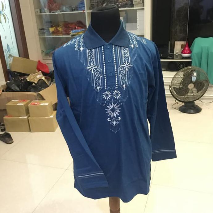 Baju Koko Bahan Kaos Tangan Panjang/ Baju Koko Bordir/Baju Muslim Pria - 01 BERMUTU