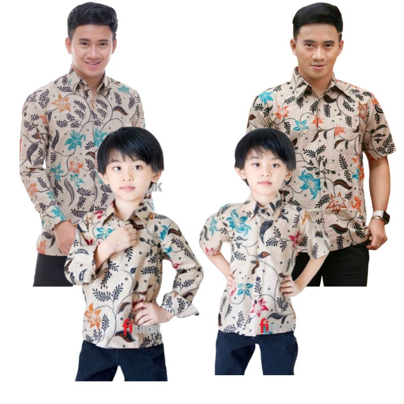 Kemeja Batik Pria Couple Ayah Dan Anak Laki-laki Motif Teratai Warna Krem Lengan Panjang Dan Pendek