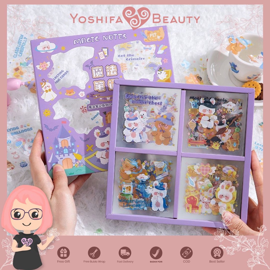 Stiker Aesthetic 1 Lembar | Sticker Magic Notes Bear &amp; Bunny | Sticker Bahan PVC  Lucu Imut