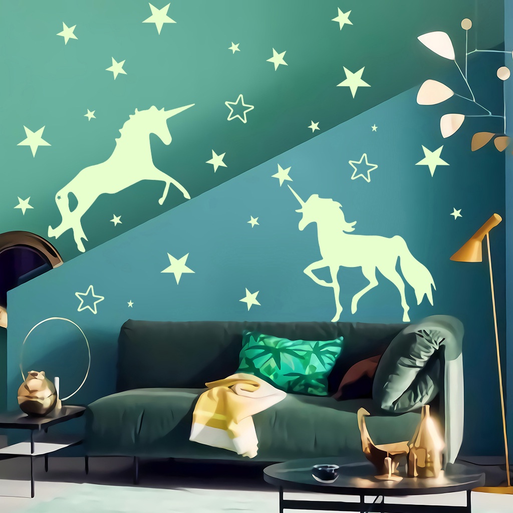 Stiker Dinding Desain Kartun Unicorn Bintang 3D Untuk Dekorasi Natal Wallpaper Glow in the Dark Untuk Dekorasi Rumah