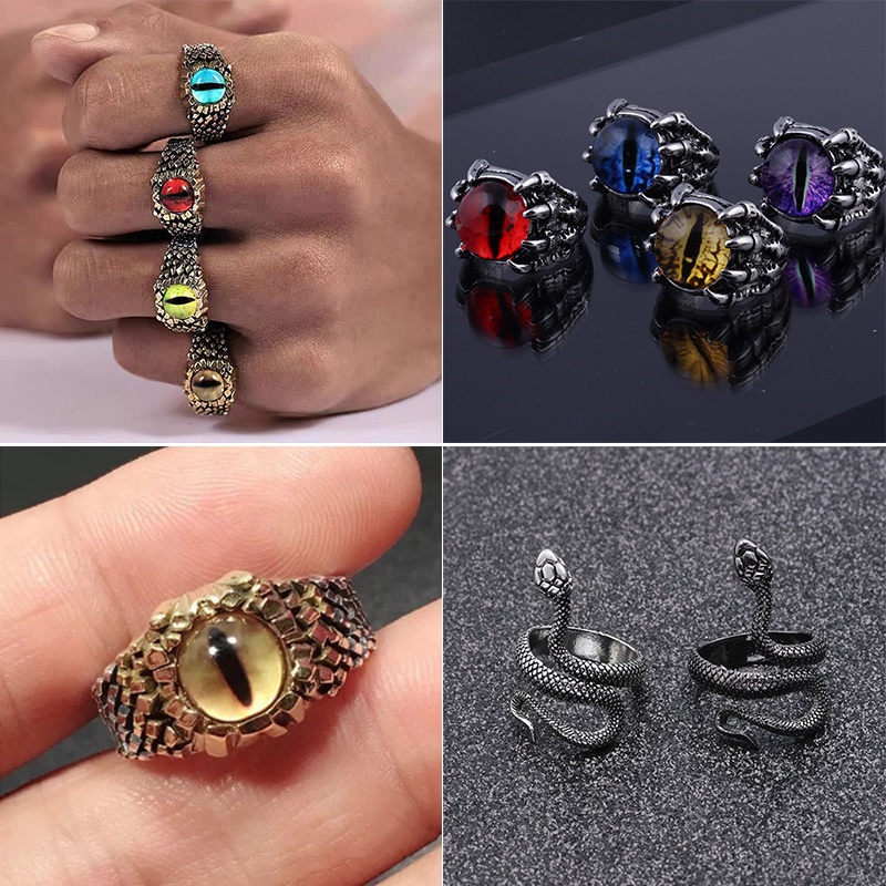 2022 Cincin Pria / Wanita Desain Ular Adjustable Mata Merah Bahan Metal Gaya Retro Punk Rock Untuk Pesta Motor