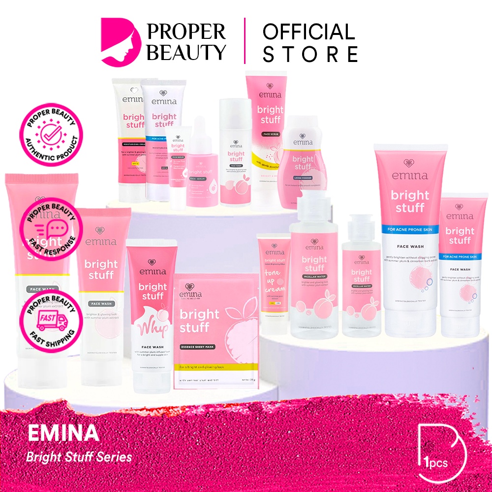 EMINA Bright Stuff Series Indonesia / Facial Wash Face Scrub Micellar Water Essence Toner Mist Serum Day Night Eye Cream Sunscreen Sheet Clay Mask Masker Moisturizing Lip Tint Matte Gloss / Ms Pimple Acne Solution Sun Protection Battle Spf Gel Paket Glow