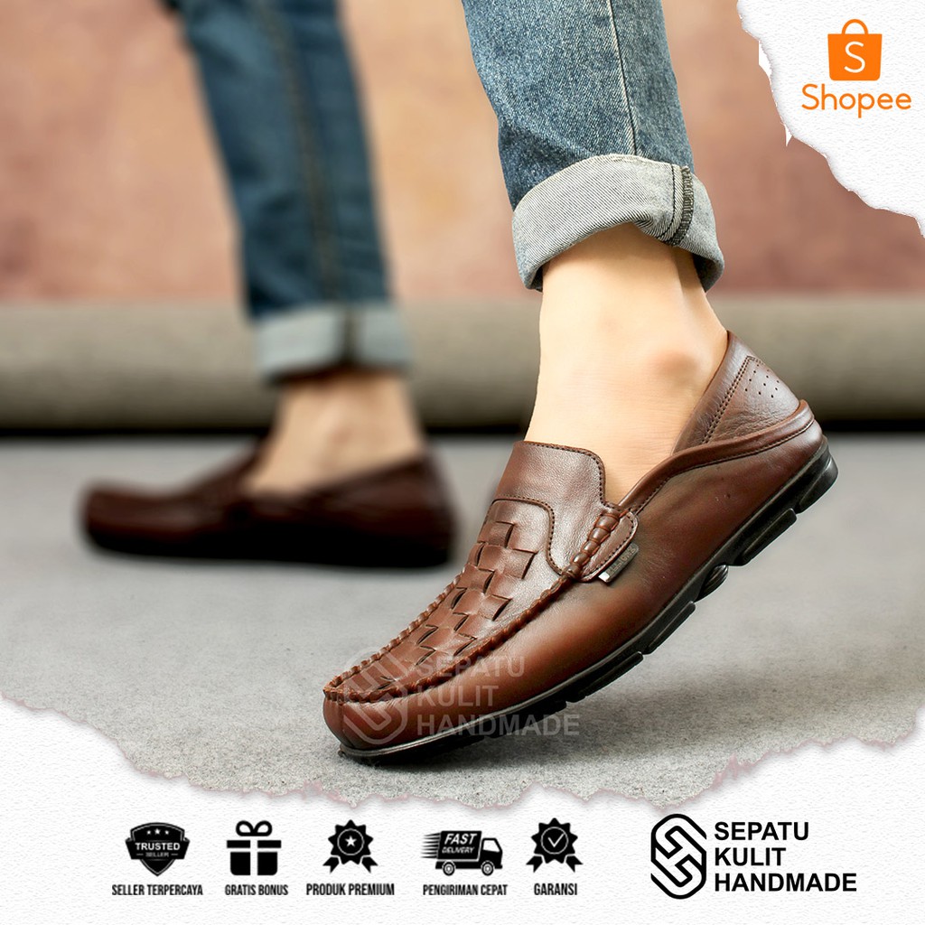 SKH x SHAMAK - Sepatu Bunut Pria Kulit Sapi Asli Original 100% Remaja Dewasa Laki Laki Cowok Slip On