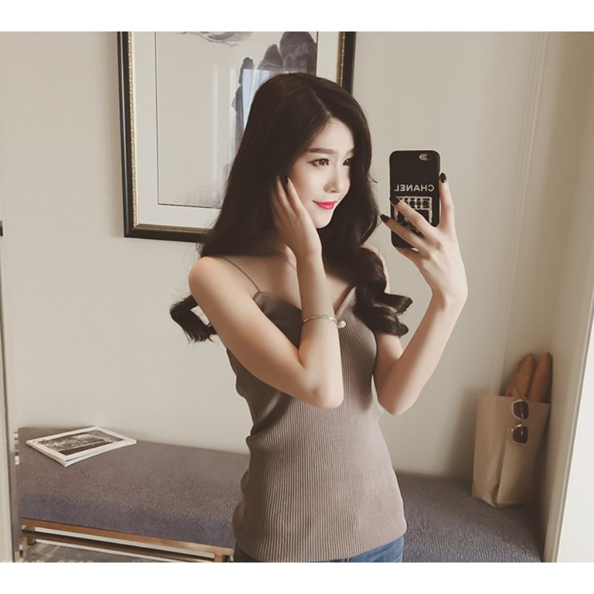 A01 Tanktop korea jepang tank top tali spaghetti V neck rajut lembut pakaian inner atasan wanita-2