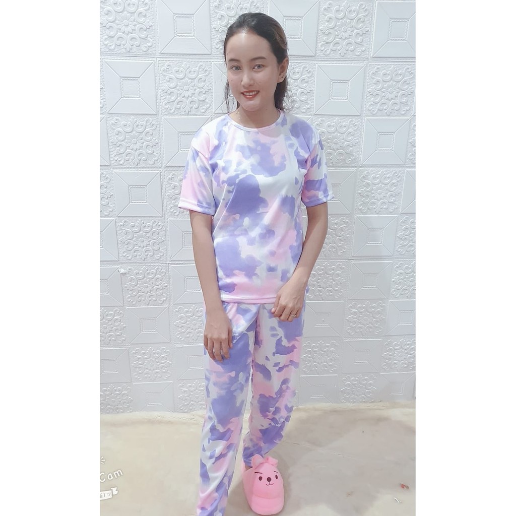 Rillo - Set Setelan CP  Wanita Tie Dye / Cotton Candy /bt21 bordir Fit XL-Pink Ungu CP