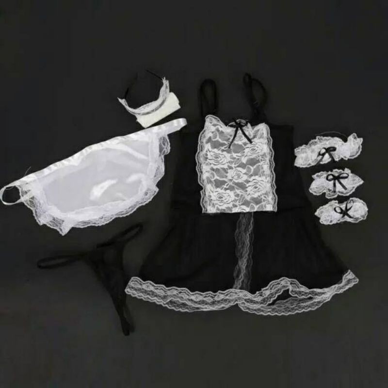 Sexy Maid Uniform Costume Renda Depan Cosplay Seragam Pelayan Set