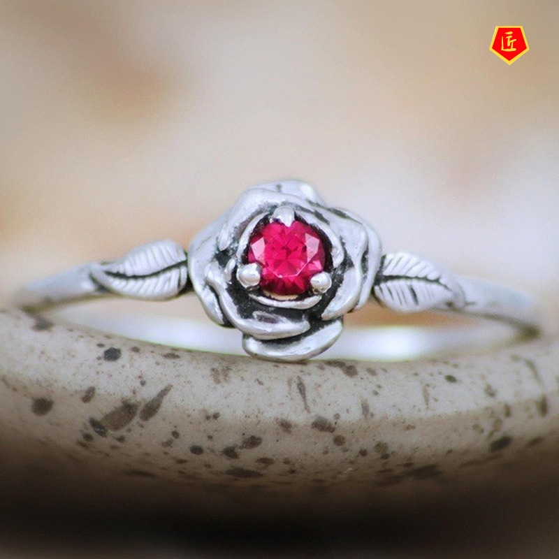 [Ready Stock]Retro Silver Rose Ring Creative Inlaid Red Gem