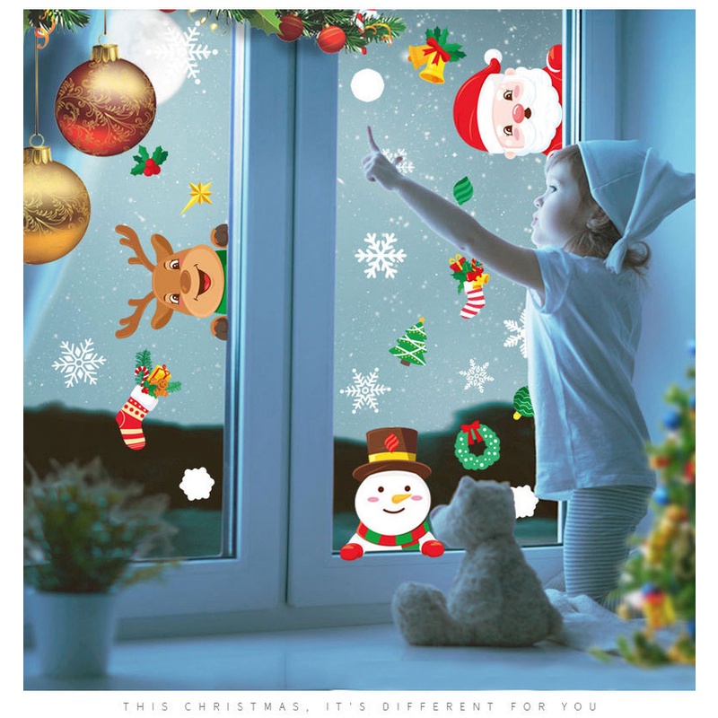 Cartoon Santa Claus Snowman Christmas Window Sticker / Merry Christmas Glass Decor For Home New Year Party / Xmas House Decorations