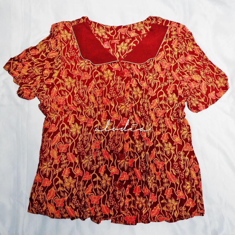 BLUS NENEK WANITA / BAJU ORANG TUA / ATASAN KEKINIAN MERAH BUNGA LENGAN PENDEK