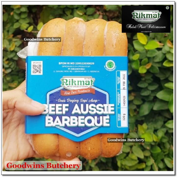 

Nikmat 320g 4pcs BEEF AUSSIE BARBEQUE BBQ SAUSAGE frozen 6" 15cm Halal Delicatessen Soejasch Bali