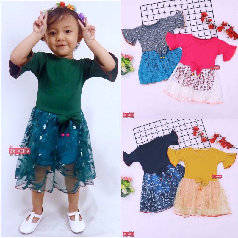 Dress Brokat Laura uk 3-4 Tahun / Dres Baju Anak Perempuan Motif Gaun Pesta Import Quality Brukat