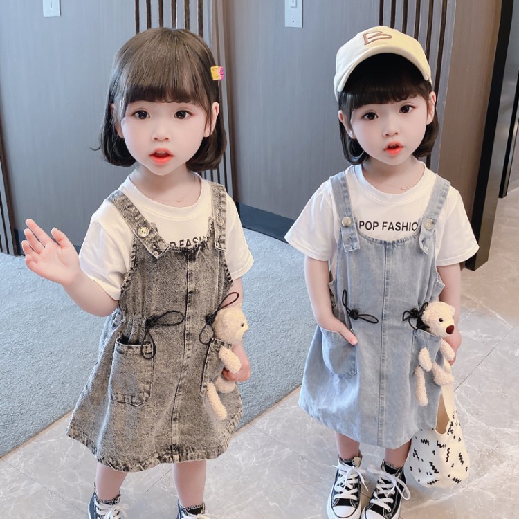 CG DR63 - FREE BONEKA Dress Overall 2in1 Set Kaos + Overall Jeans