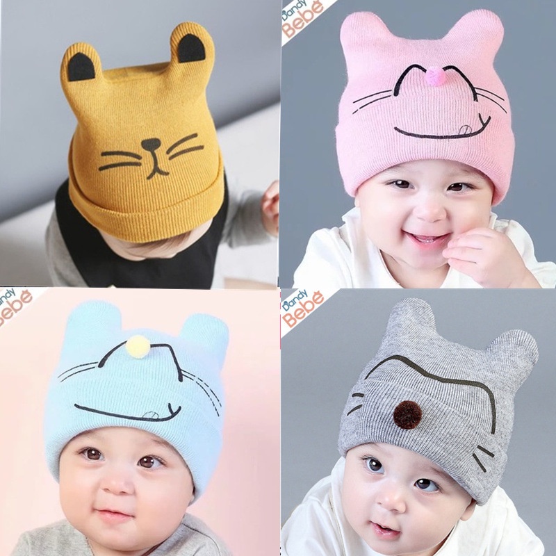 Topi Kupluk Anak Bayi Perempuan Laki Laki Premium Model Rajut Pompom Micky Beruang Border Kucing